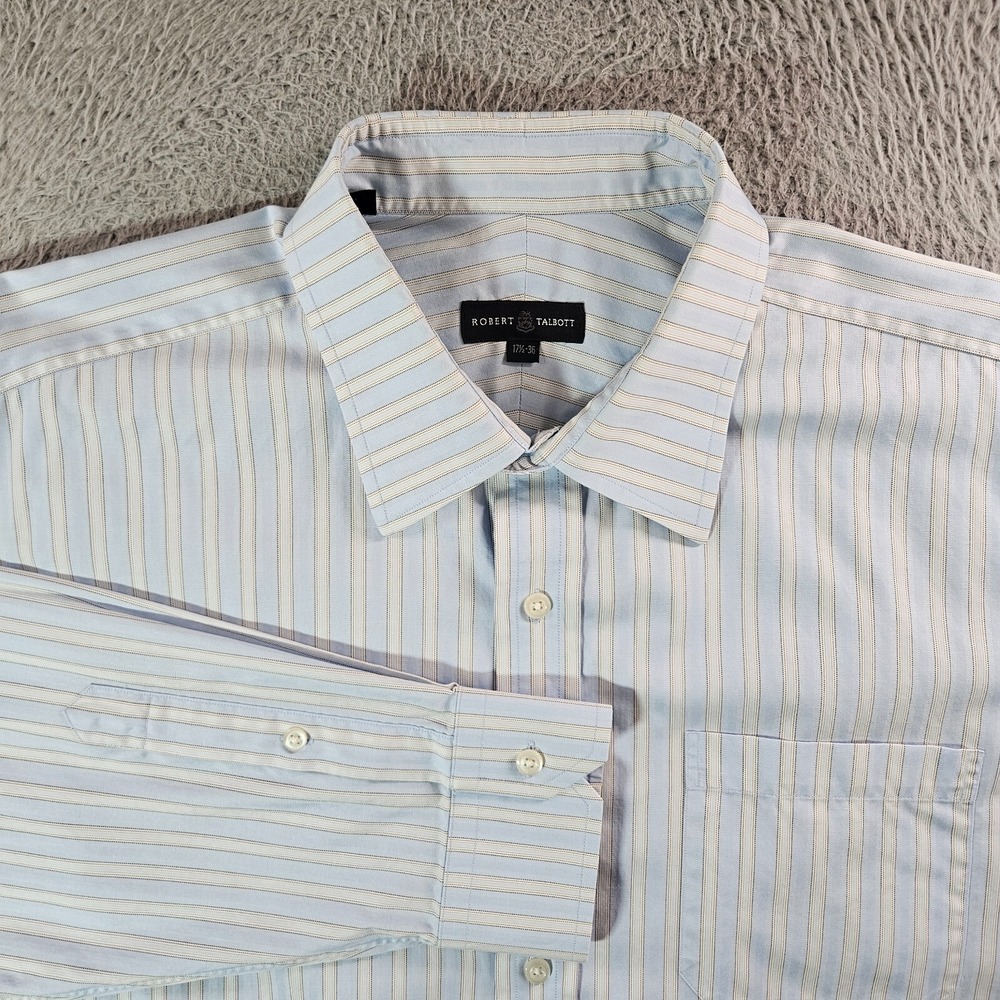 Robert Talbott Shirt Men 17.5 36 Button Up Long‎ Sleeve Light Blue Striped